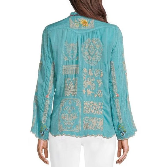 Johnny Was Allbee Blouse Marine Blue Long Shirt Flower Embroidery Top Large NEW - Picture 3 of 8
